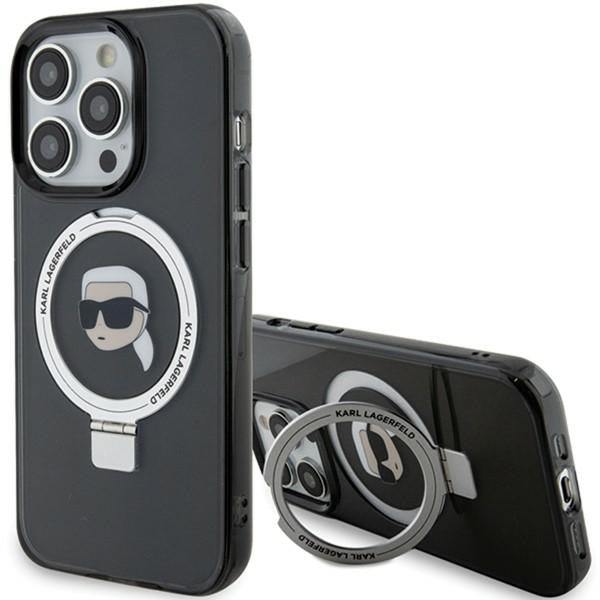 MagSafe Case for Apple iPhone 15 Pro, Karl Lagerfeld, Ring Stand Karl's Head, Black