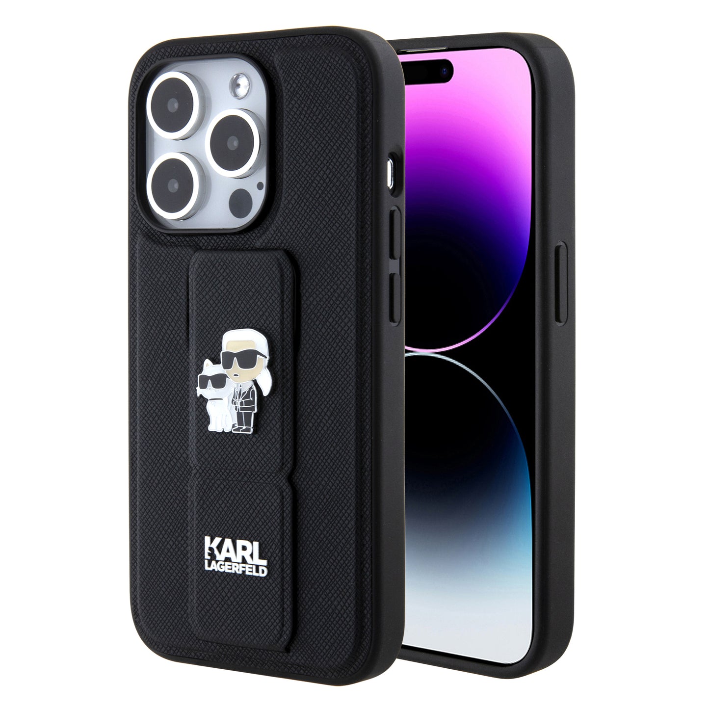 MagSafe hoes voor Apple iPhone 15 Pro, Karl Lagerfeld, Saffiano Gripstand Karl & Choupette, Zwart