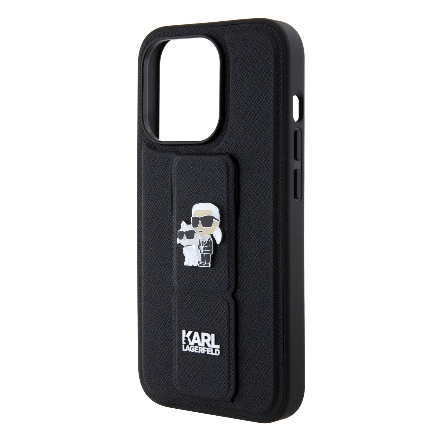 MagSafe hoes voor Apple iPhone 15 Pro, Karl Lagerfeld, Saffiano Gripstand Karl & Choupette, Zwart