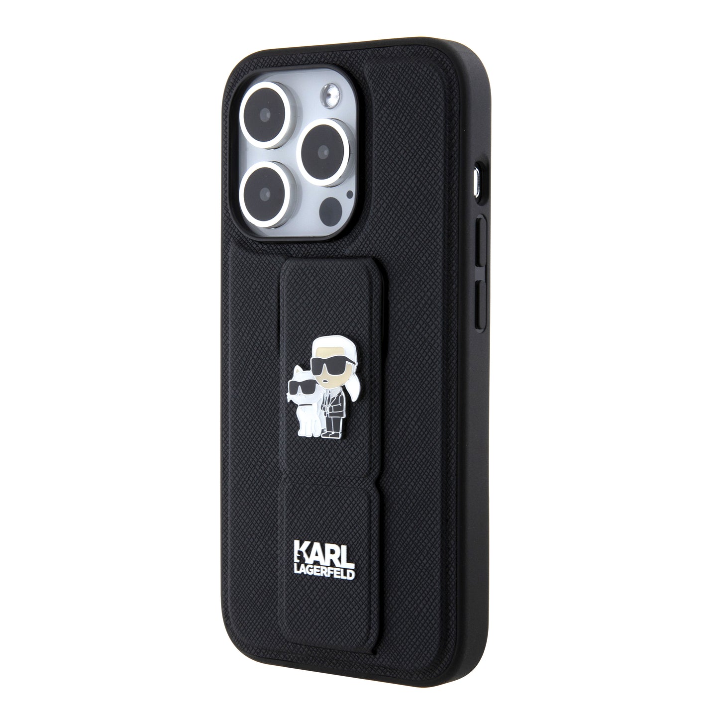 MagSafe hoes voor Apple iPhone 15 Pro, Karl Lagerfeld, Saffiano Gripstand Karl & Choupette, Zwart
