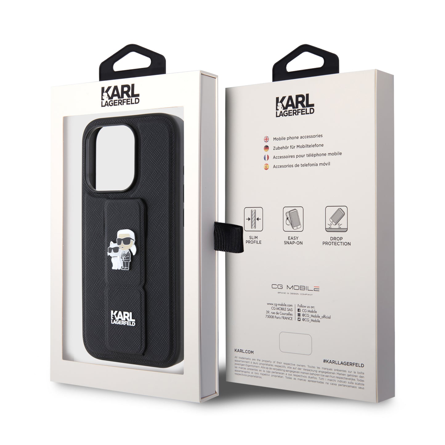 MagSafe hoes voor Apple iPhone 15 Pro, Karl Lagerfeld, Saffiano Gripstand Karl & Choupette, Zwart
