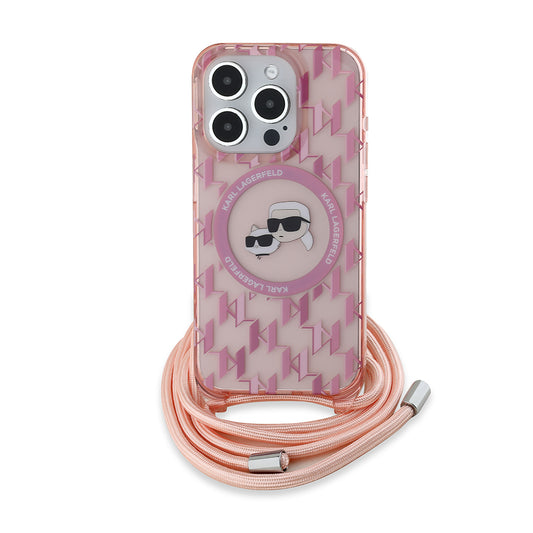 MagSafe hoes voor Apple iPhone 15 Pro Max, Karl Lagerfeld, IML Crossbody Monogram Karl & Choupette's Heads, Roze