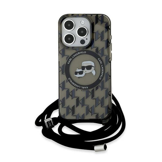 MagSafe hoes voor Apple iPhone 15 Pro Max, Karl Lagerfeld, IML Crossbody Monogram Karl & Choupette's Heads, Zwart