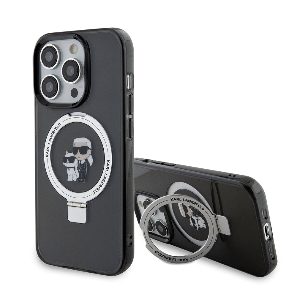 MagSafe hoes voor Apple iPhone 15 Pro Max, Karl Lagerfeld, Ring Stand Karl & Choupette, Zwart