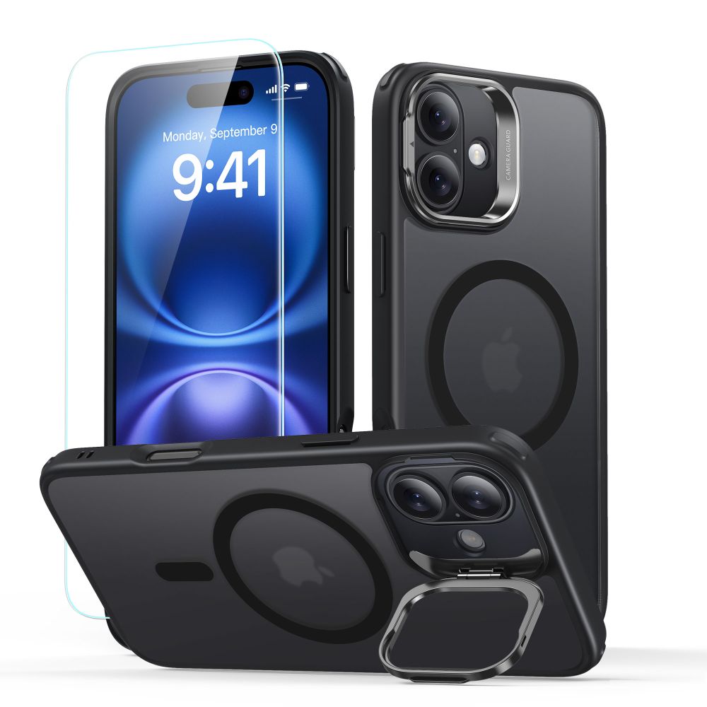 MagSafe hoesje voor Apple iPhone 16, ESR, Classic Hybrid Kickstand met Schermbeschermer, Satijnzwart
