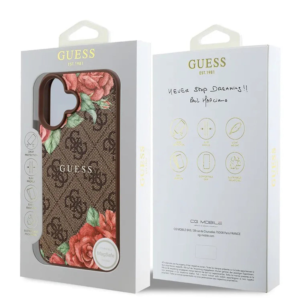 MagSafe hoesje voor Apple iPhone 16, Guess, 4G Flowers Print, Bruin