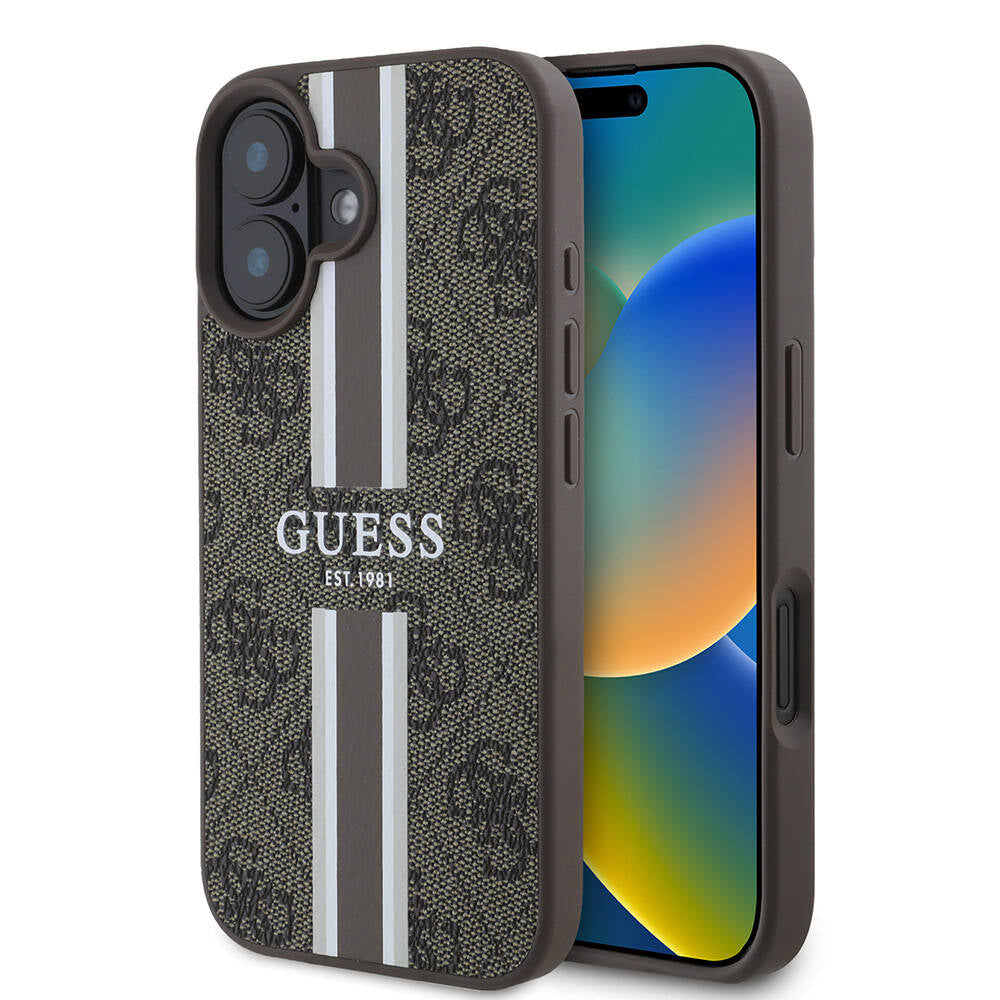 MagSafe hoesje voor Apple iPhone 16, Guess, 4G Printed Stripes, Bruin