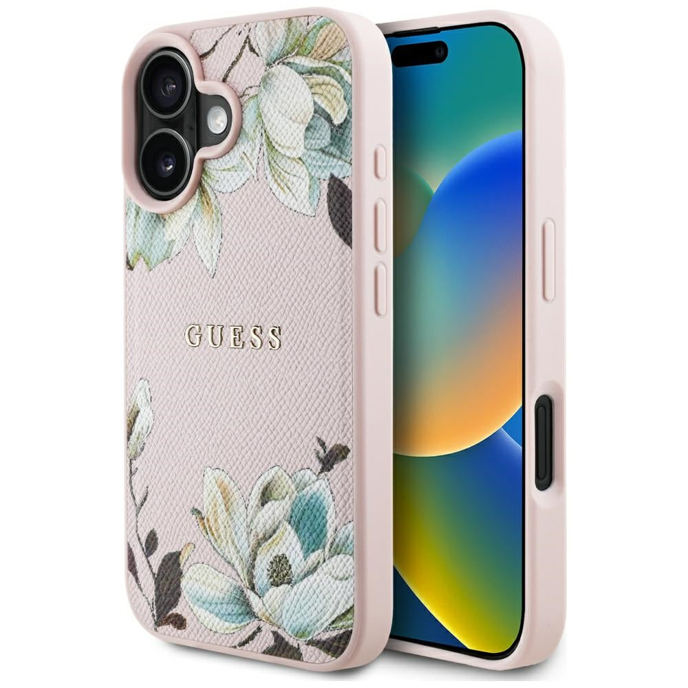 MagSafe hoes voor Apple iPhone 16, Guess, Grained Flowers, Roze