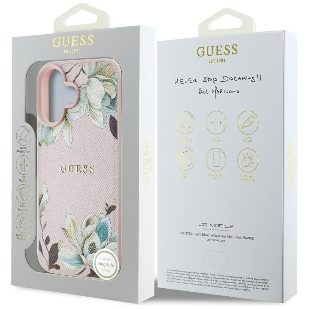 MagSafe hoes voor Apple iPhone 16, Guess, Grained Flowers, Roze