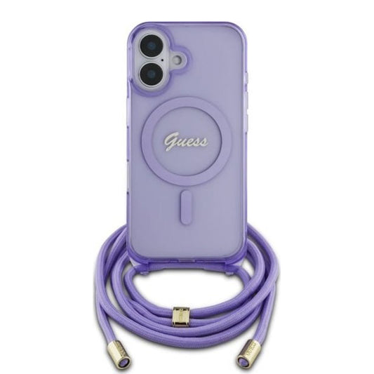 MagSafe hoesje voor Apple iPhone 16, Guess, IML Crossbody Cord Script, Paars