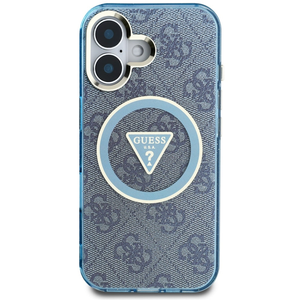 MagSafe hoesje voor Apple iPhone 16, Guess, IML Glitter 4G Circle Triangle, Blauw