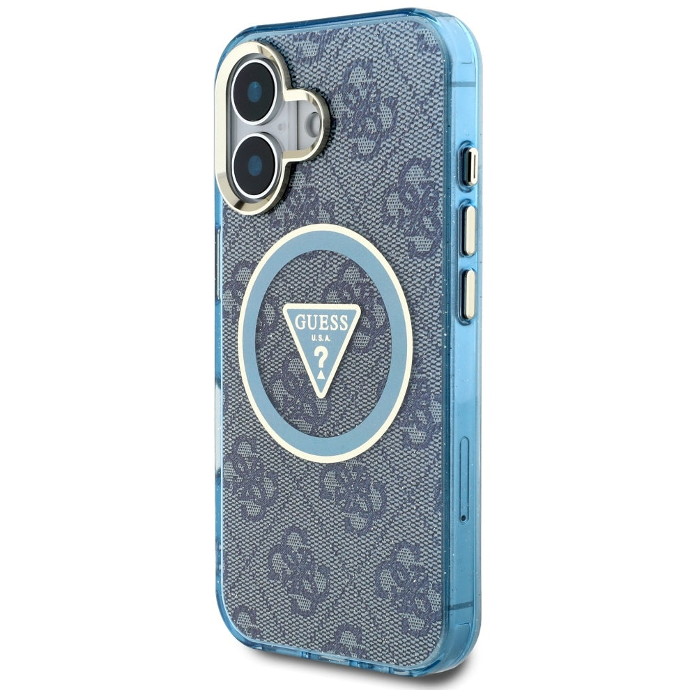 MagSafe hoesje voor Apple iPhone 16, Guess, IML Glitter 4G Circle Triangle, Blauw
