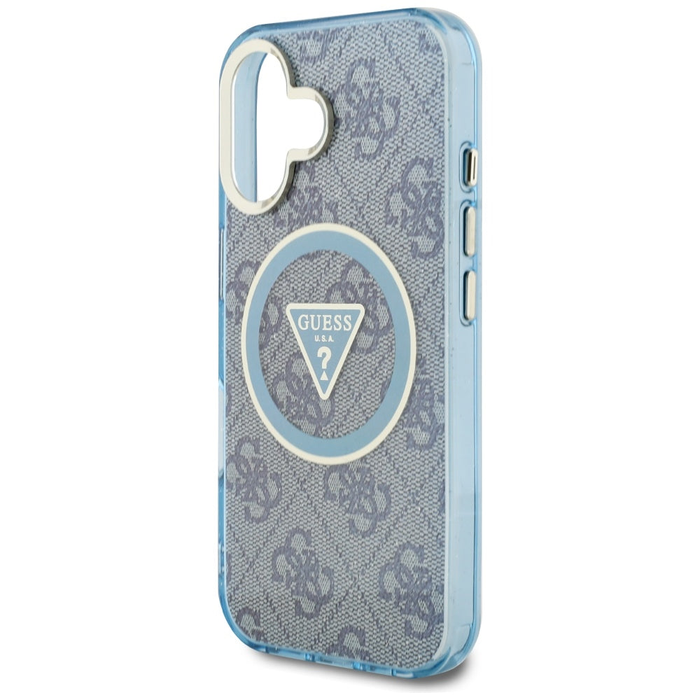 MagSafe hoesje voor Apple iPhone 16, Guess, IML Glitter 4G Circle Triangle, Blauw