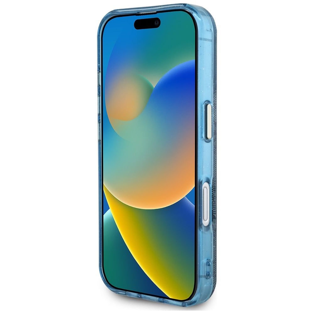 MagSafe hoesje voor Apple iPhone 16, Guess, IML Glitter 4G Circle Triangle, Blauw