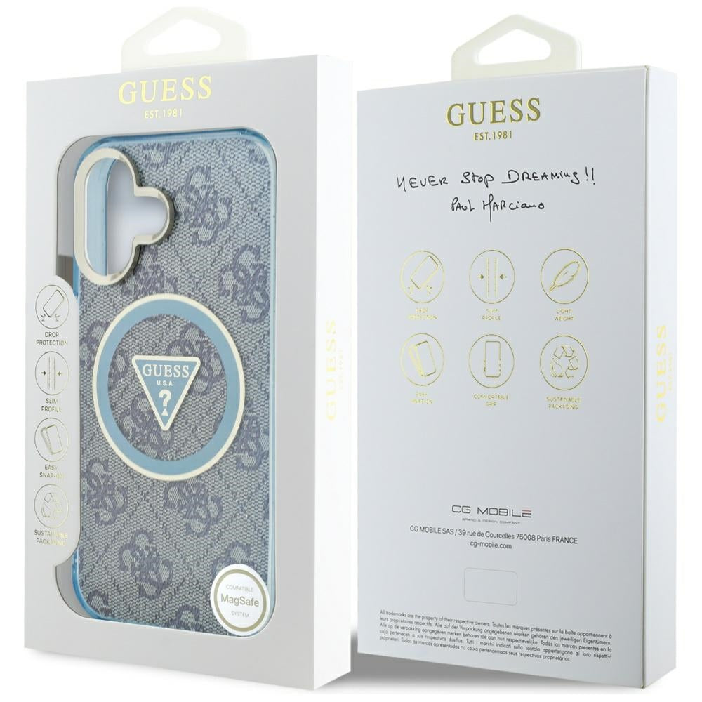 MagSafe hoesje voor Apple iPhone 16, Guess, IML Glitter 4G Circle Triangle, Blauw