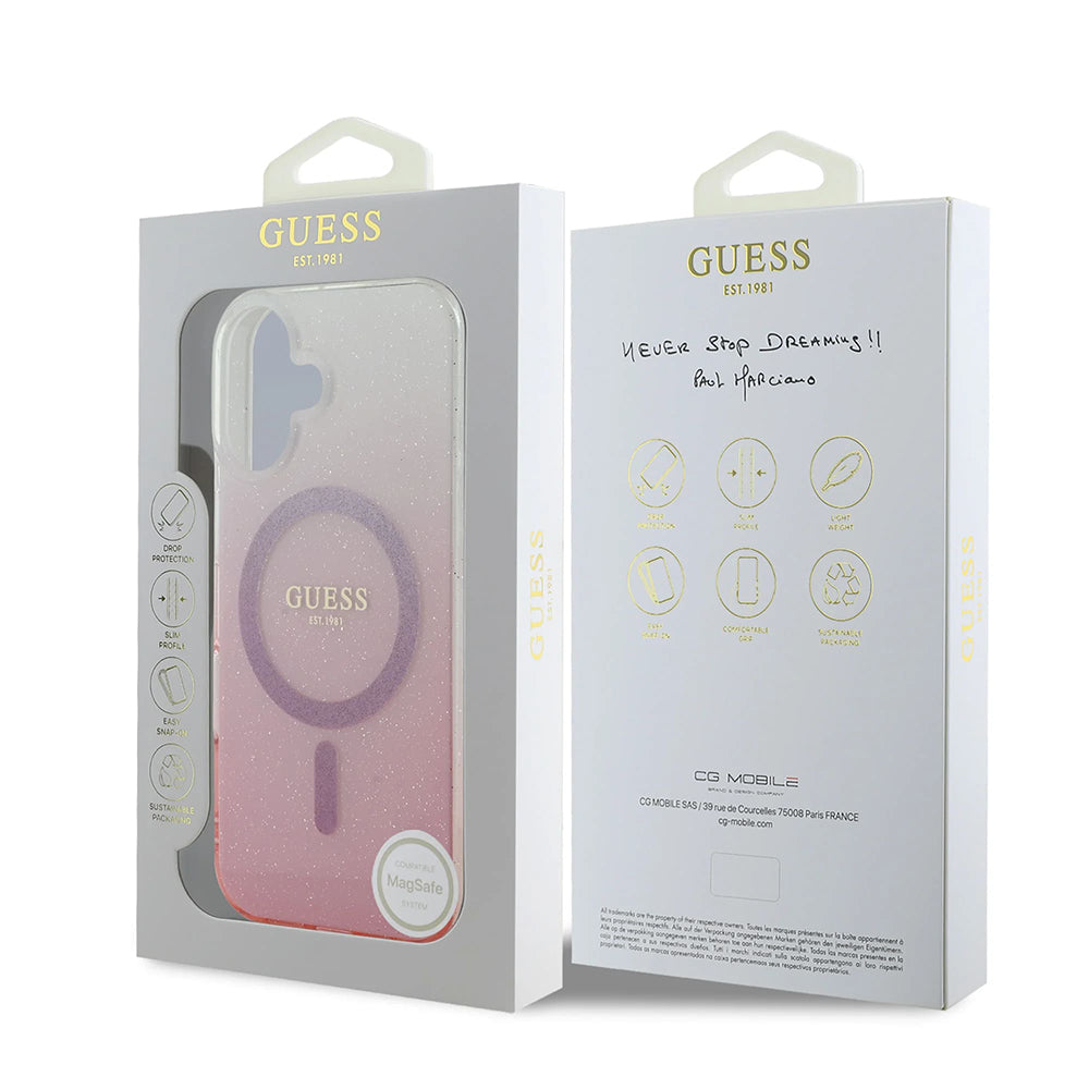 MagSafe Case for Apple iPhone 16, Guess, IML Glitter Gradient, Pink