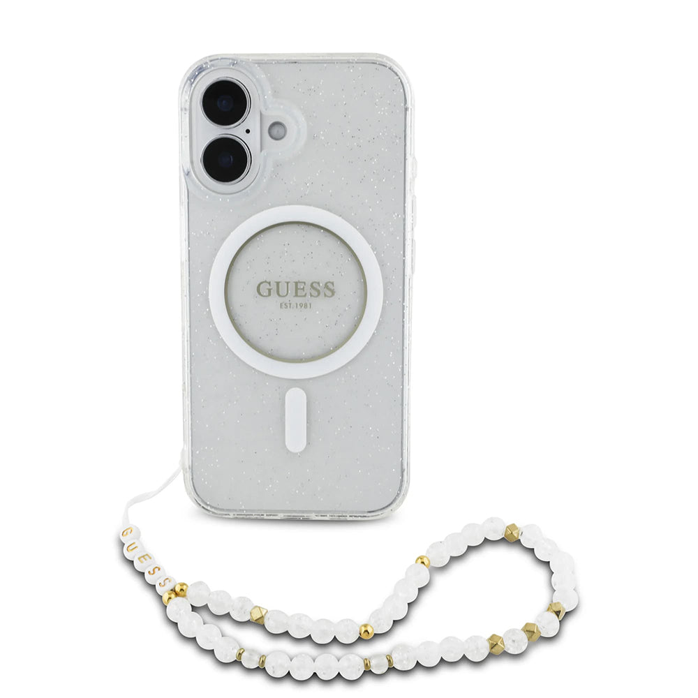 MagSafe hoesje voor Apple iPhone 16, Guess, IML Glitter met Parelband, Transparant