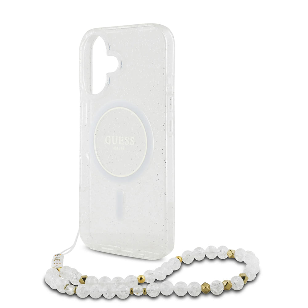 MagSafe hoesje voor Apple iPhone 16, Guess, IML Glitter met Parelband, Transparant
