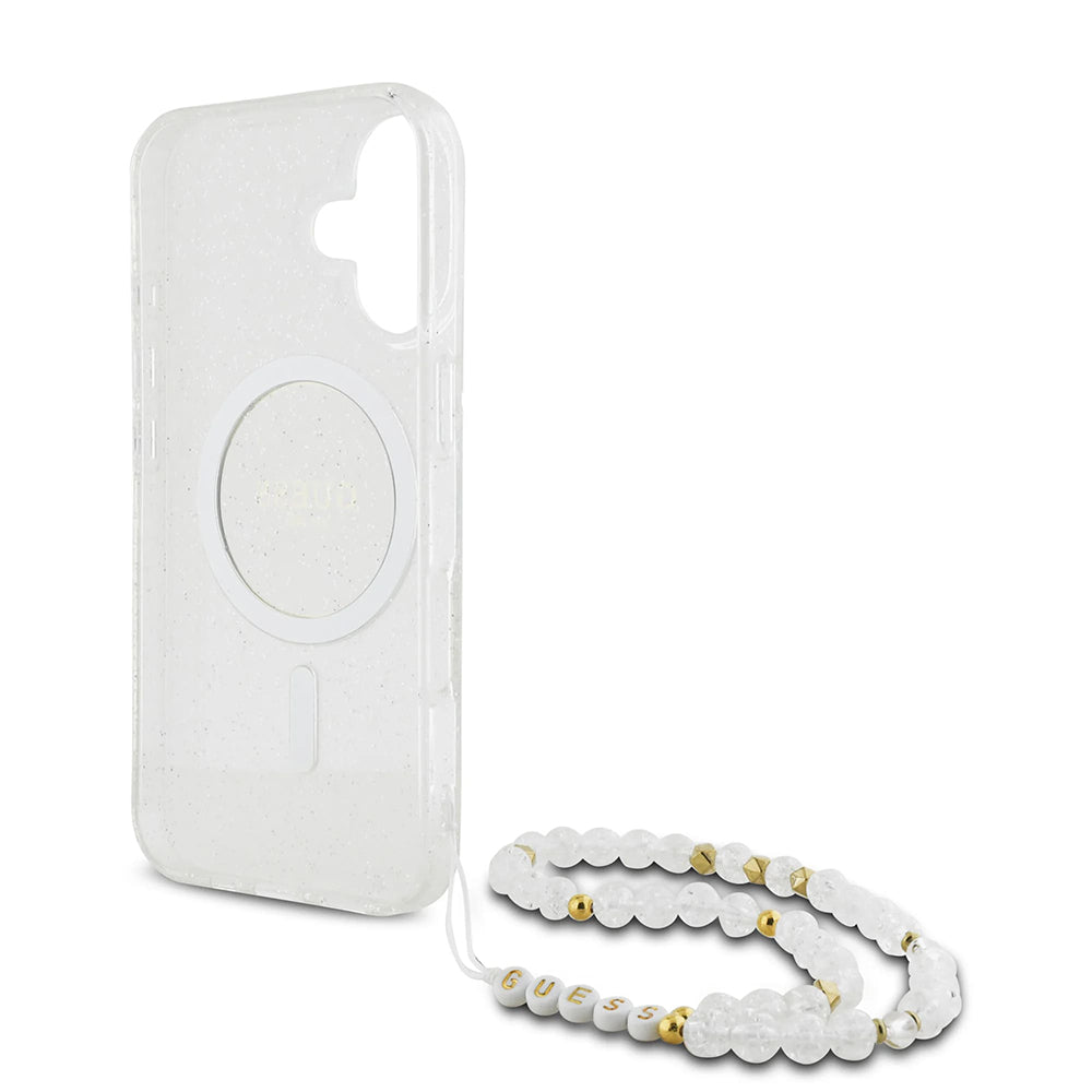 MagSafe hoesje voor Apple iPhone 16, Guess, IML Glitter met Parelband, Transparant