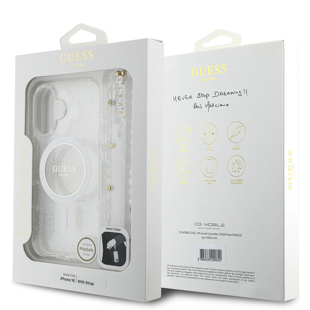 MagSafe hoesje voor Apple iPhone 16, Guess, IML Glitter met Parelband, Transparant