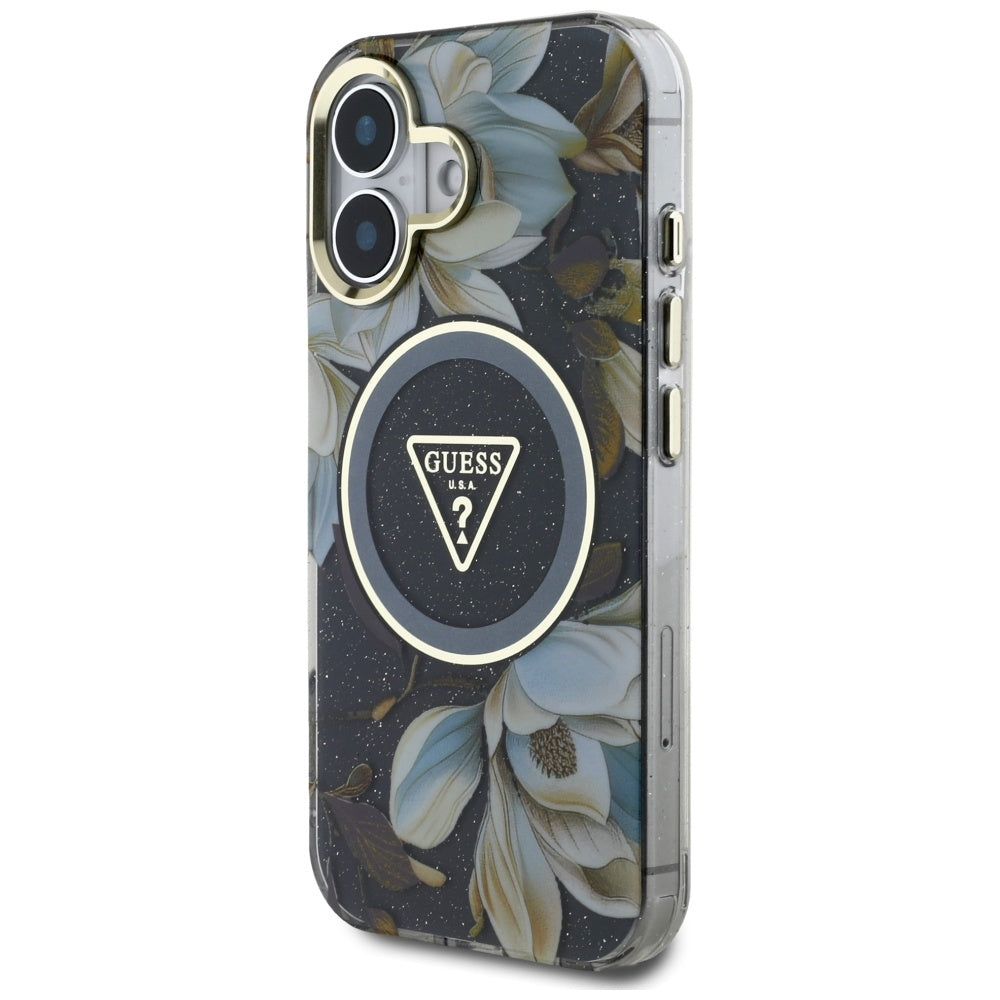 MagSafe Case for Apple iPhone 16, Guess, IML Metal Glitter Flowers Triangle, Black