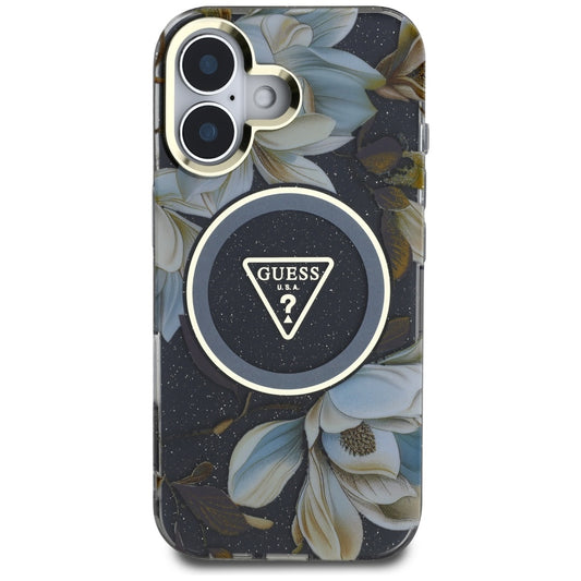 MagSafe hoesje voor Apple iPhone 16, Guess, IML Metal Glitter Flowers Triangle, Zwart