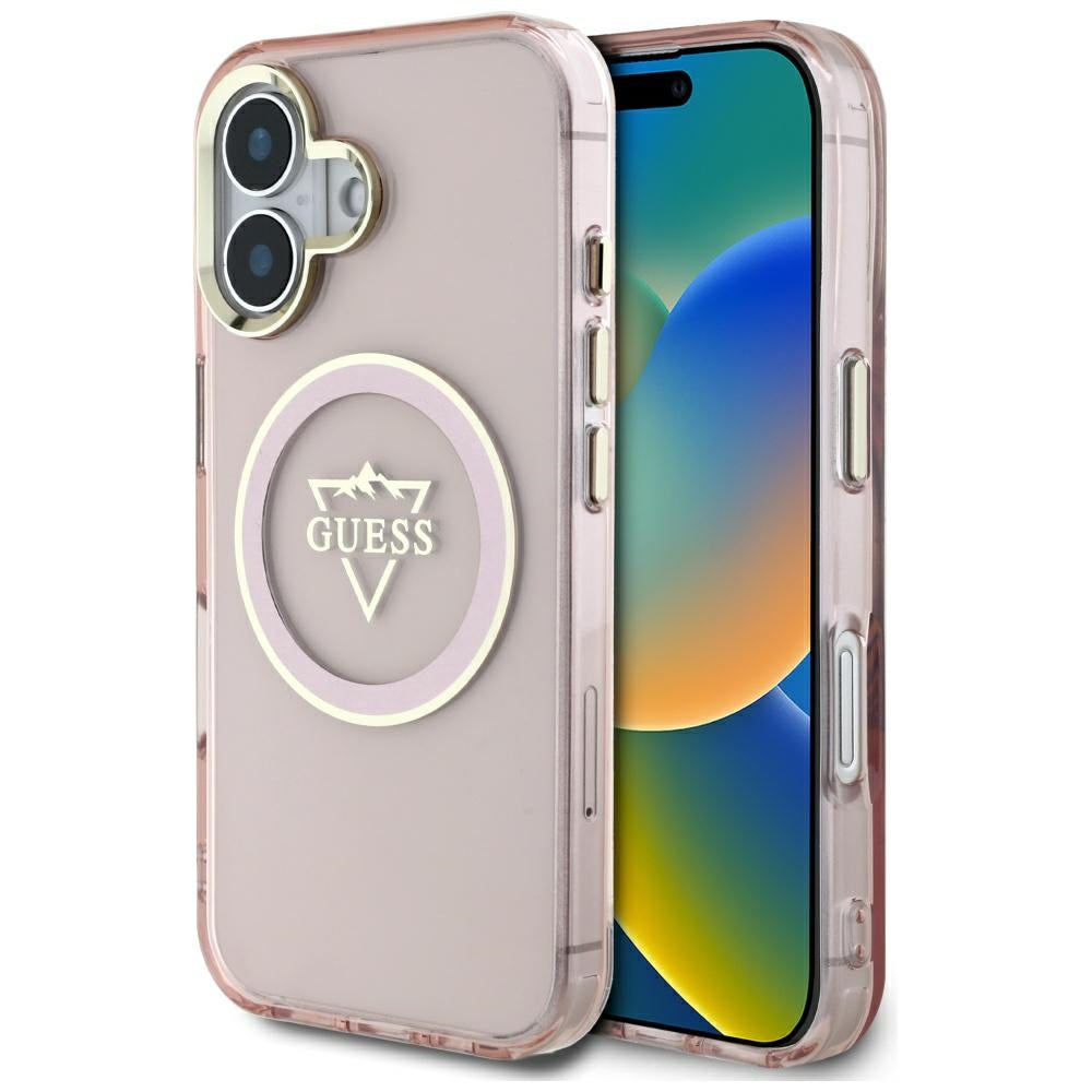 MagSafe Case for Apple iPhone 16, Guess, IML Metal Mountain Logo, Pink
