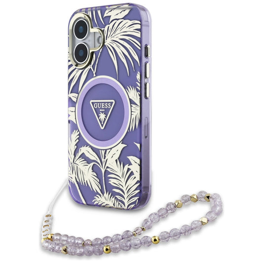 MagSafe hoesje voor Apple iPhone 16, Guess, IML Palm Trees Triangle met Parelband, Paars