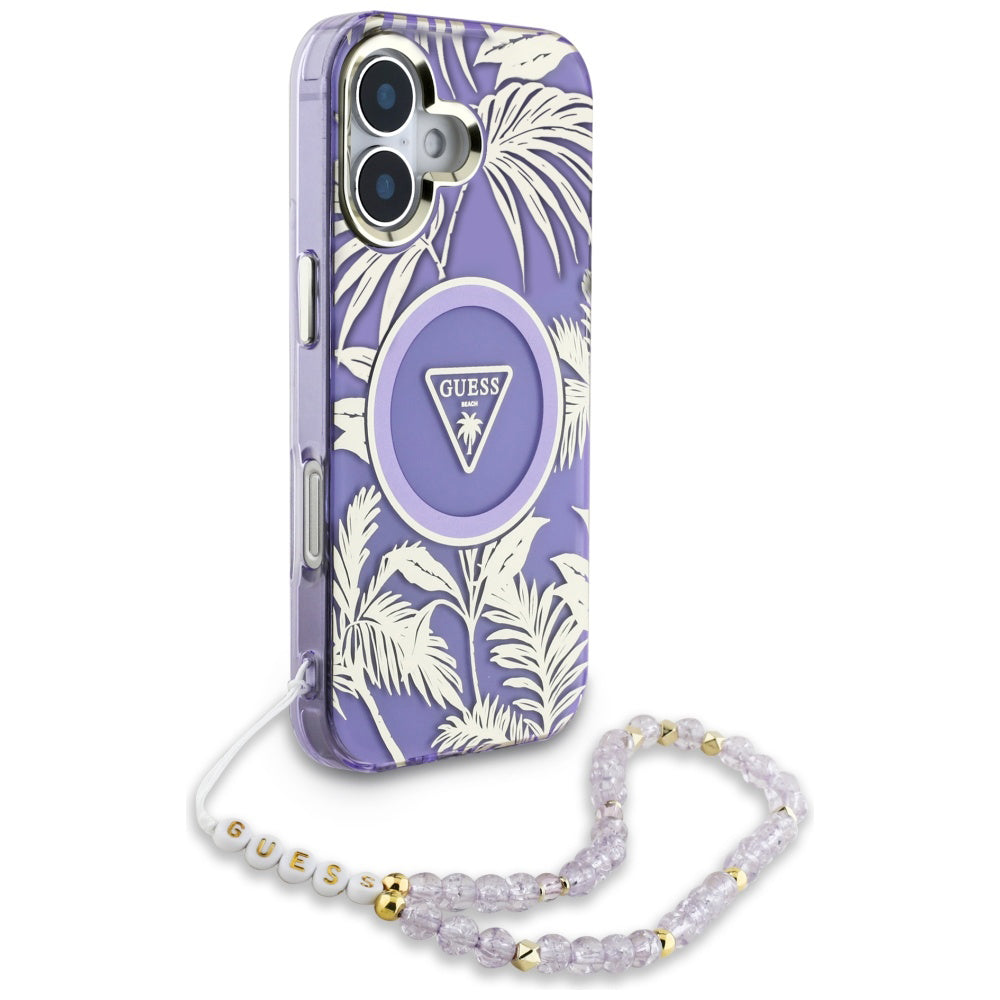 MagSafe hoesje voor Apple iPhone 16, Guess, IML Palm Trees Triangle met Parelband, Paars