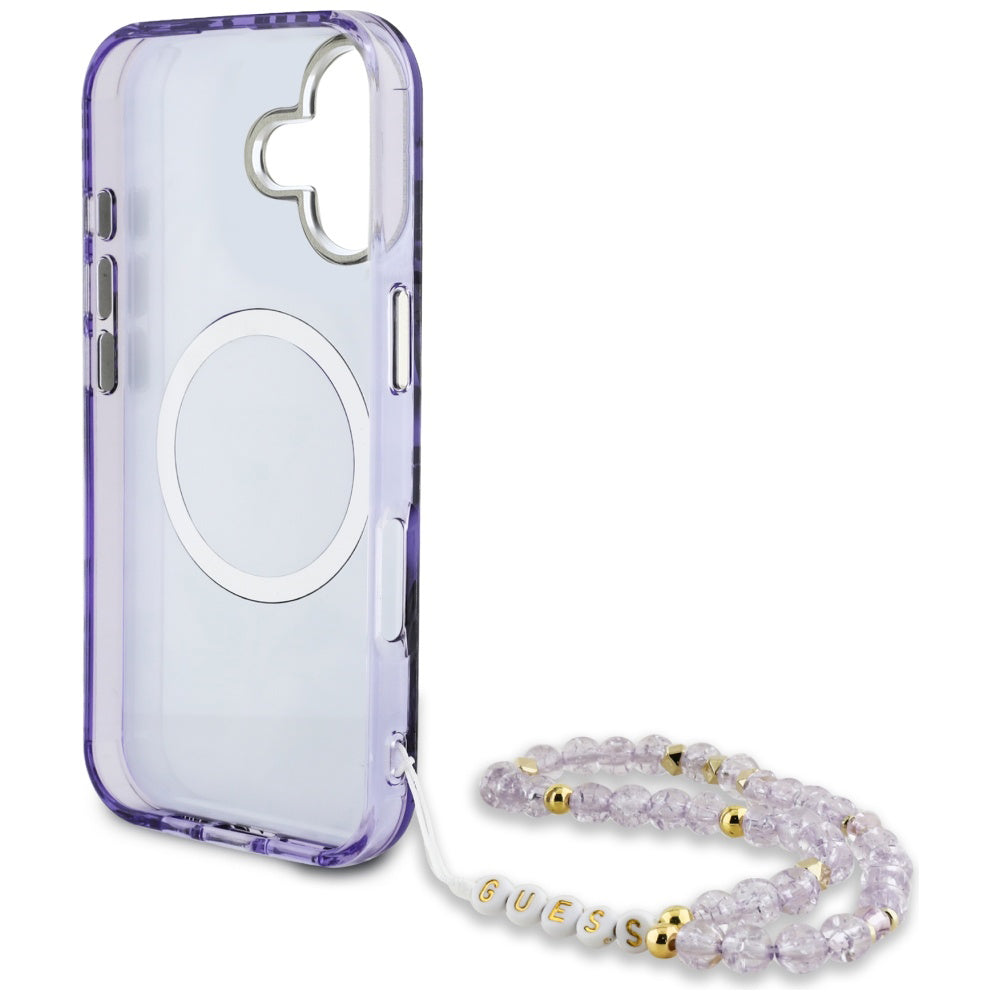 MagSafe hoesje voor Apple iPhone 16, Guess, IML Palm Trees Triangle met Parelband, Paars