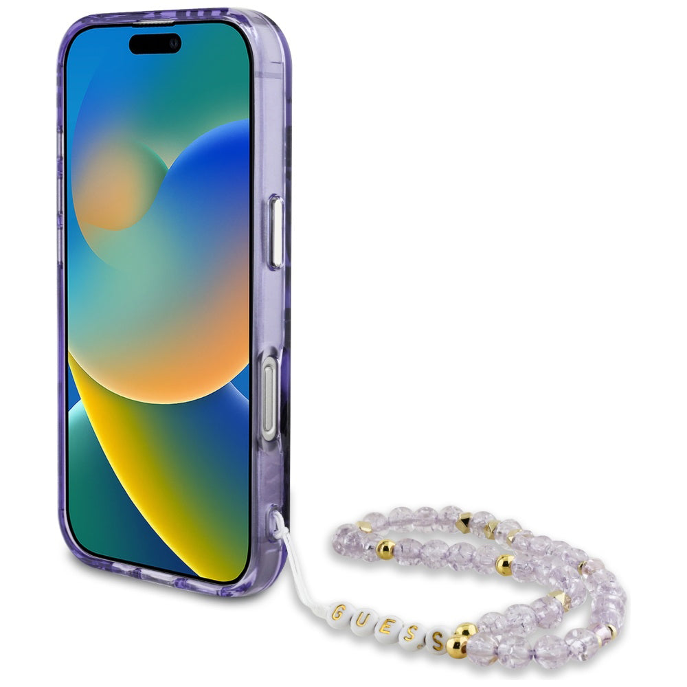 MagSafe hoesje voor Apple iPhone 16, Guess, IML Palm Trees Triangle met Parelband, Paars