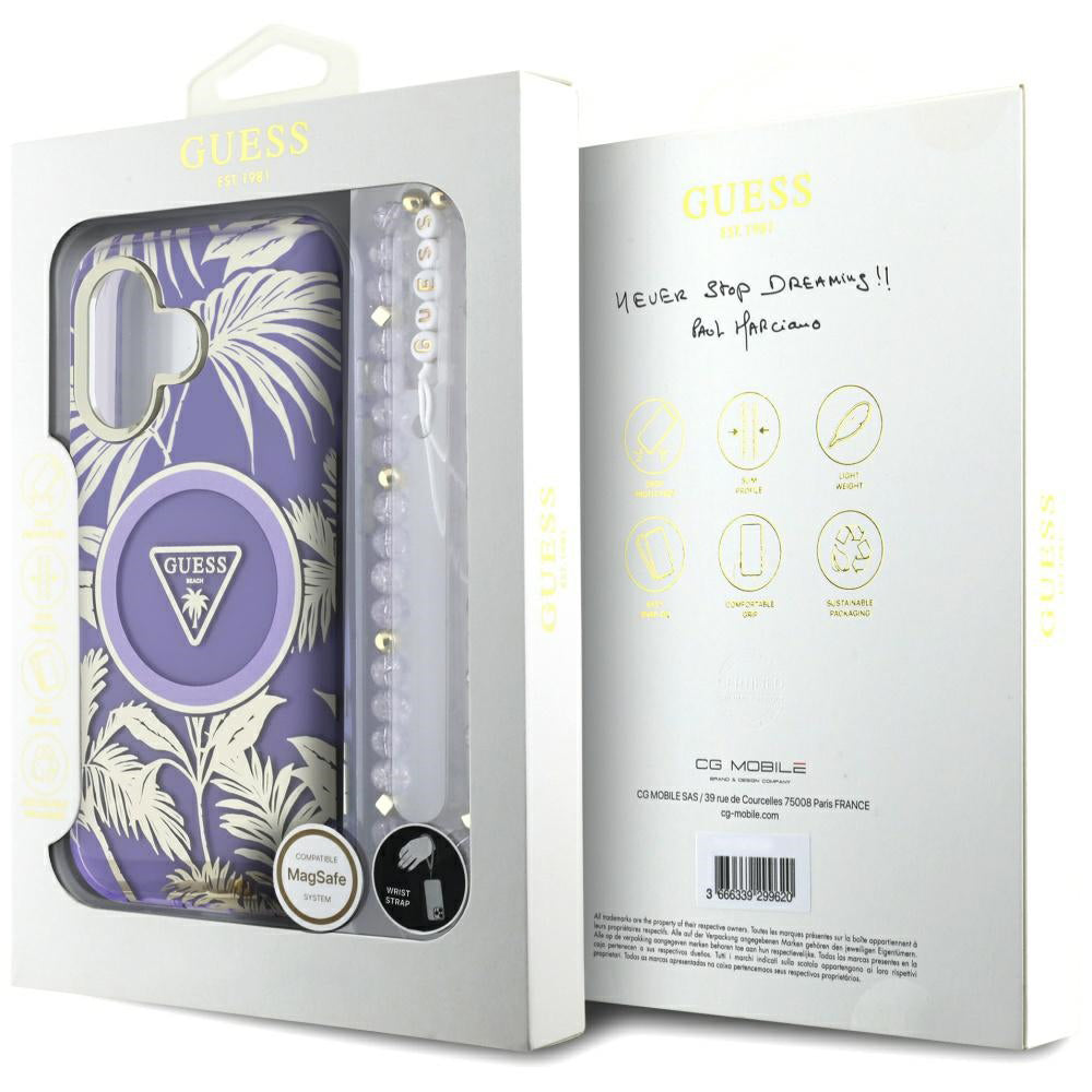 MagSafe hoesje voor Apple iPhone 16, Guess, IML Palm Trees Triangle met Parelband, Paars