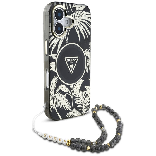 MagSafe hoesje voor Apple iPhone 16, Guess, IML Palm Trees Triangle met Parelband, Zwart