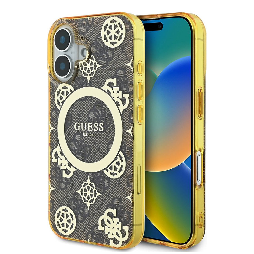 MagSafe hoesje voor Apple iPhone 16, Guess, IML Peony op 4G achtergrond, Bruin