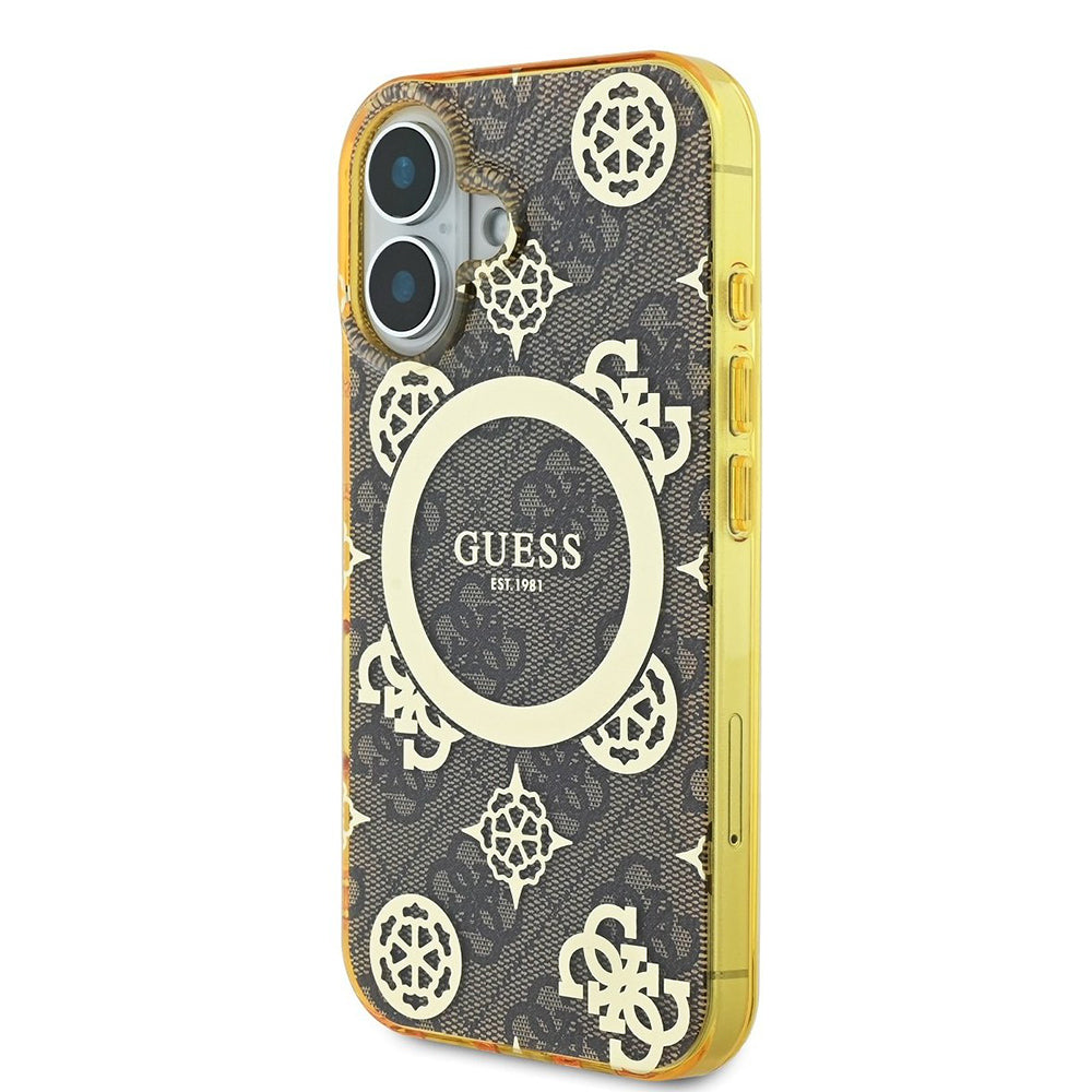 MagSafe hoesje voor Apple iPhone 16, Guess, IML Peony op 4G achtergrond, Bruin