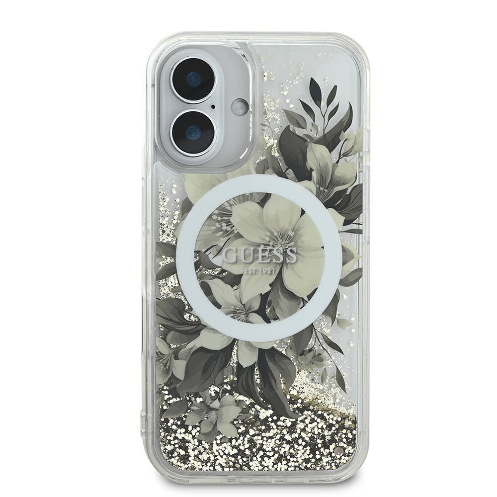 MagSafe hoesje voor Apple iPhone 16, Guess, Liquid Glitter Flower, Beige