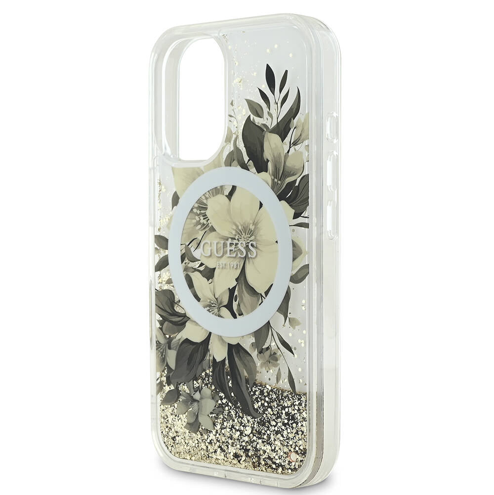 MagSafe hoesje voor Apple iPhone 16, Guess, Liquid Glitter Flower, Beige