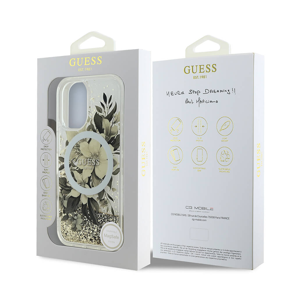 MagSafe hoesje voor Apple iPhone 16, Guess, Liquid Glitter Flower, Beige