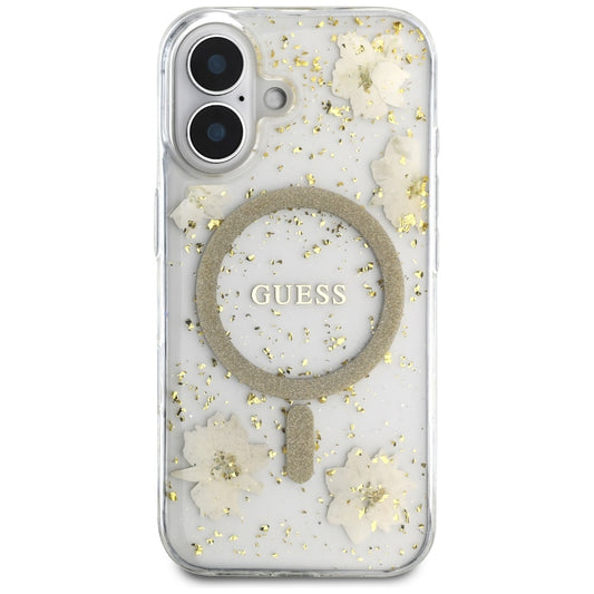 MagSafe hoes voor Apple iPhone 16, Guess, Resin Flowers and Glitter, Beige