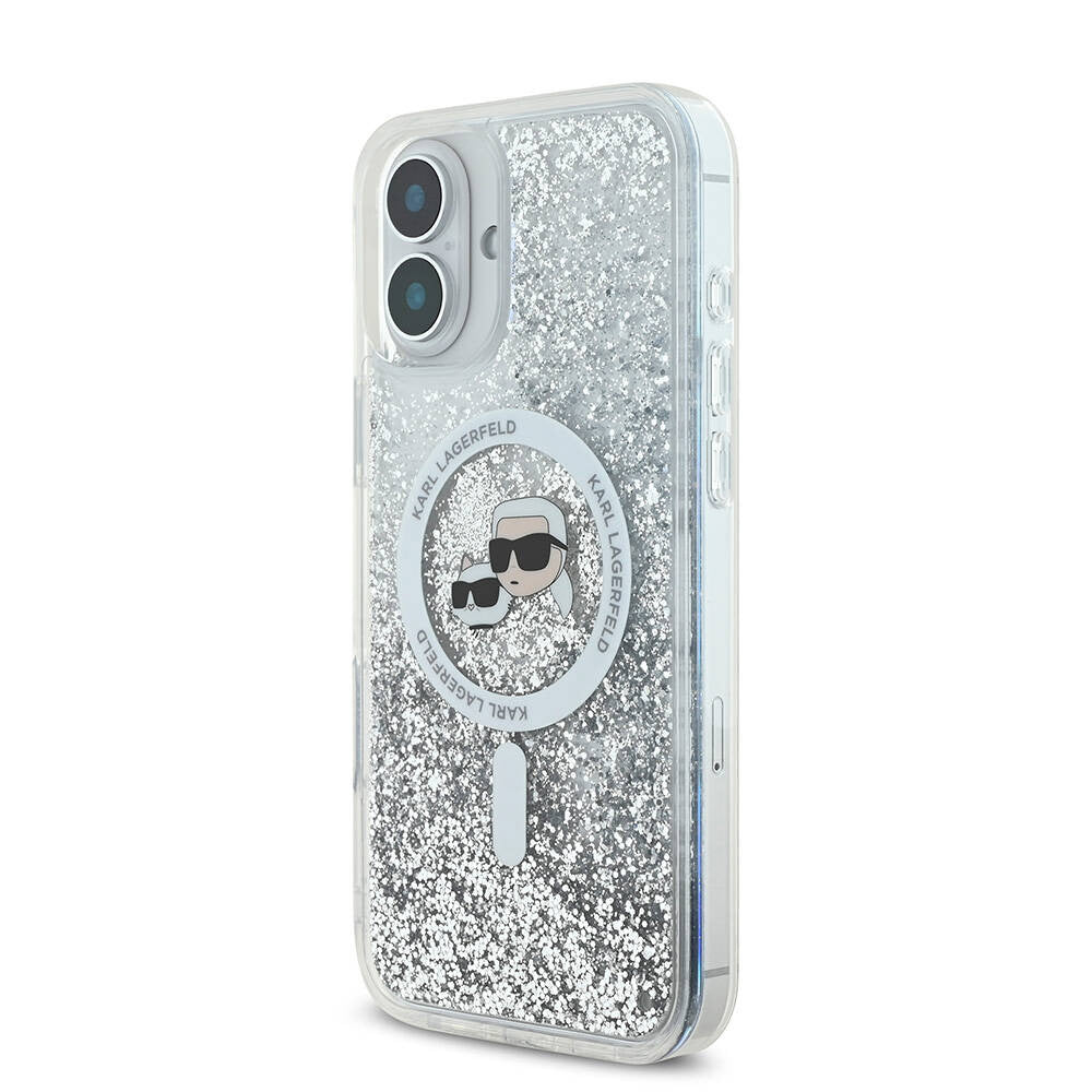 MagSafe hoes voor Apple iPhone 16, Karl Lagerfeld, Glitter Liquid Karl & Choupette's Heads, Transparant