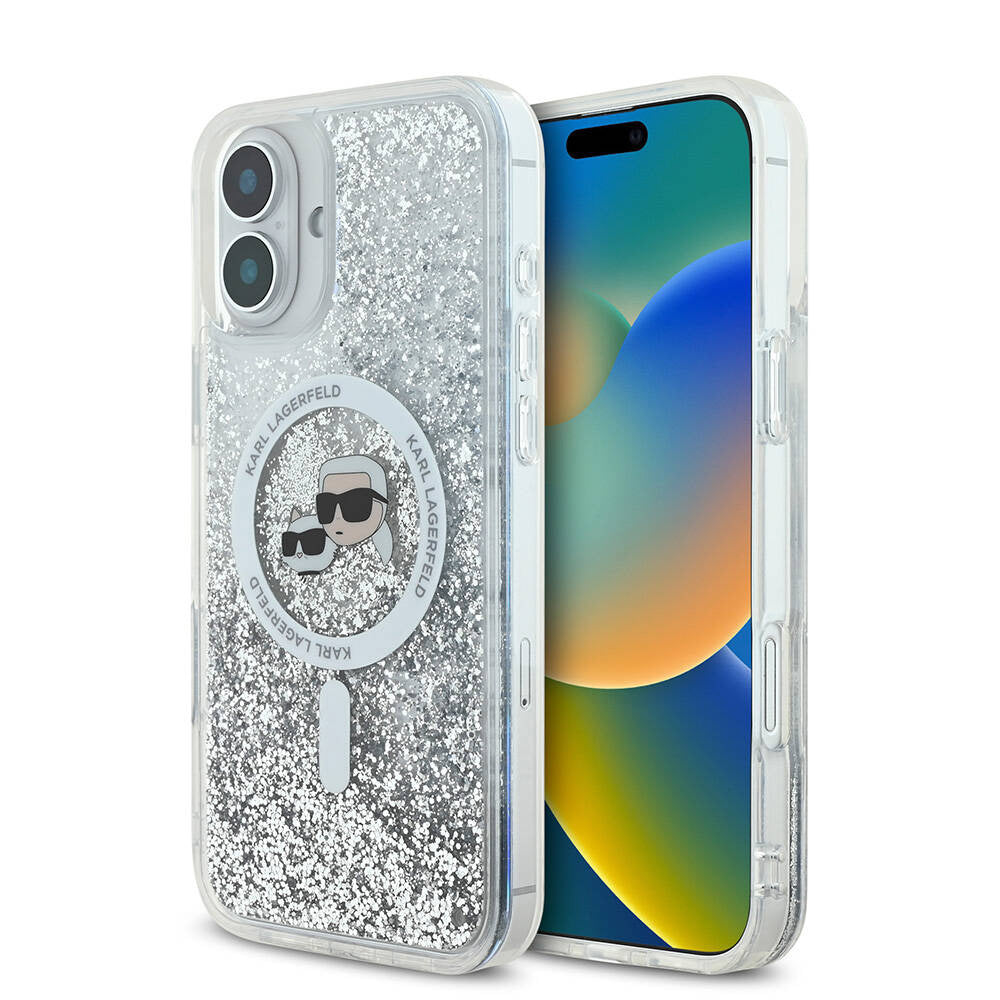 MagSafe hoes voor Apple iPhone 16, Karl Lagerfeld, Glitter Liquid Karl & Choupette's Heads, Transparant