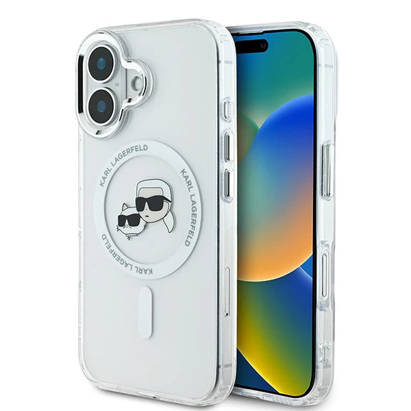MagSafe hoesje voor Apple iPhone 16, Karl Lagerfeld, IML Metal Karl & Choupette's Heads, Wit