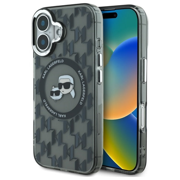 MagSafe hoesje voor Apple iPhone 16, Karl Lagerfeld, IML Monogram Karl & Choupette's Heads, Zwart