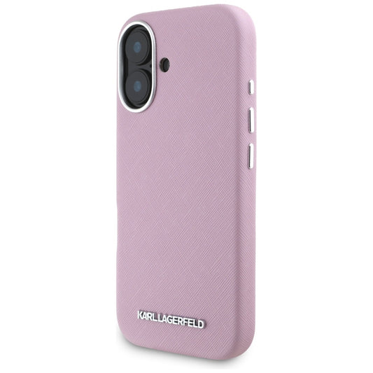 MagSafe hoesje voor Apple iPhone 16, Karl Lagerfeld, Saffiano Volledig Omhuld Verlengd Metalen Logo, Roze