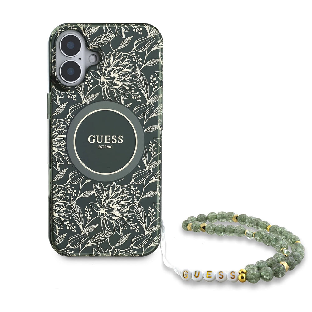 MagSafe hoesje voor Apple iPhone 16 Plus, Guess, IML Flowers Allover Electroplated with Pearl Strap, Groen