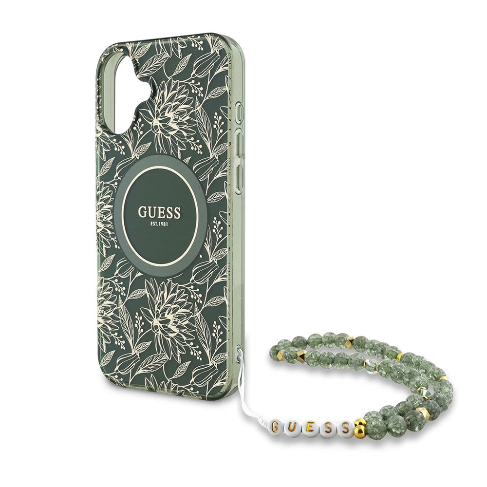 MagSafe hoesje voor Apple iPhone 16 Plus, Guess, IML Flowers Allover Electroplated with Pearl Strap, Groen