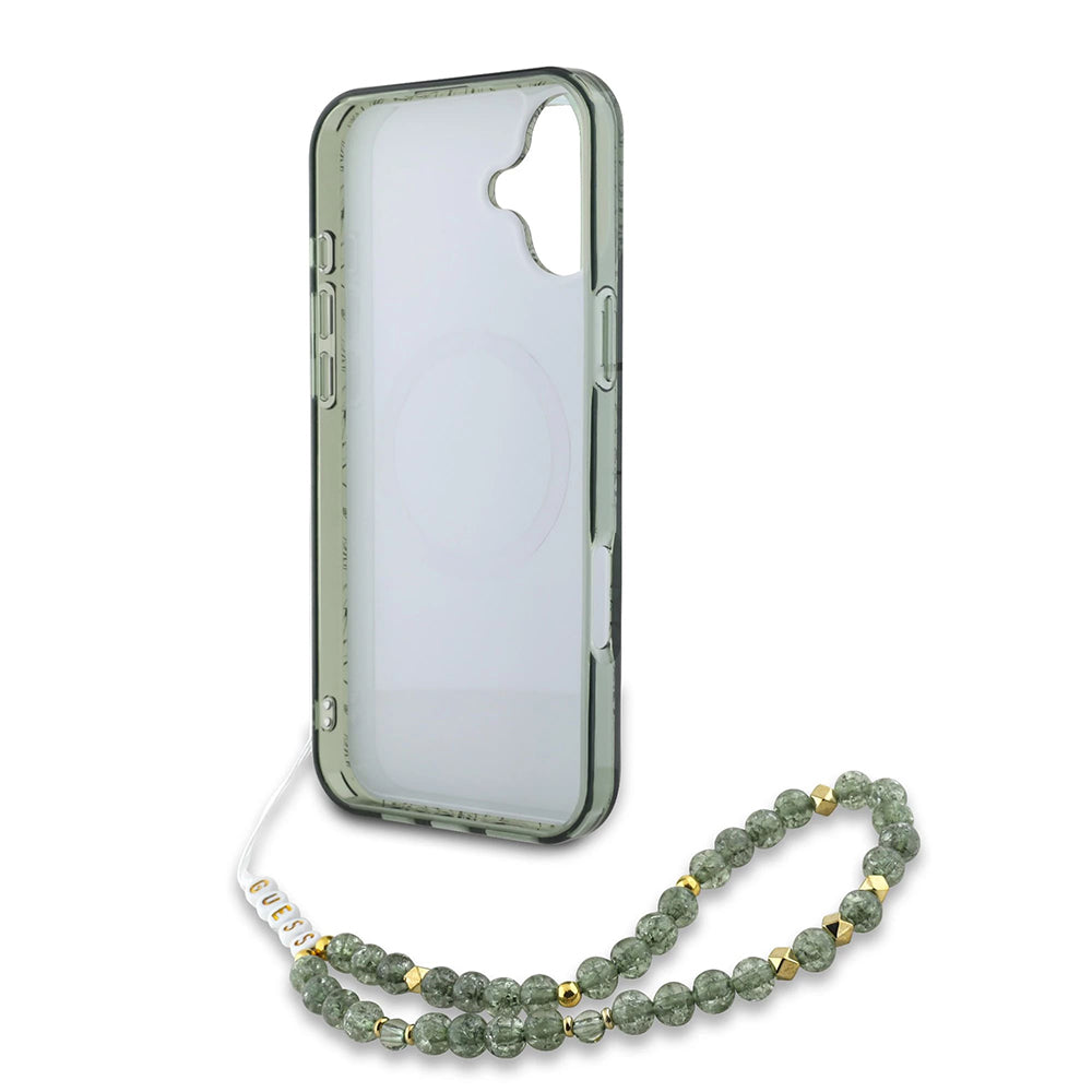 MagSafe hoesje voor Apple iPhone 16 Plus, Guess, IML Flowers Allover Electroplated with Pearl Strap, Groen