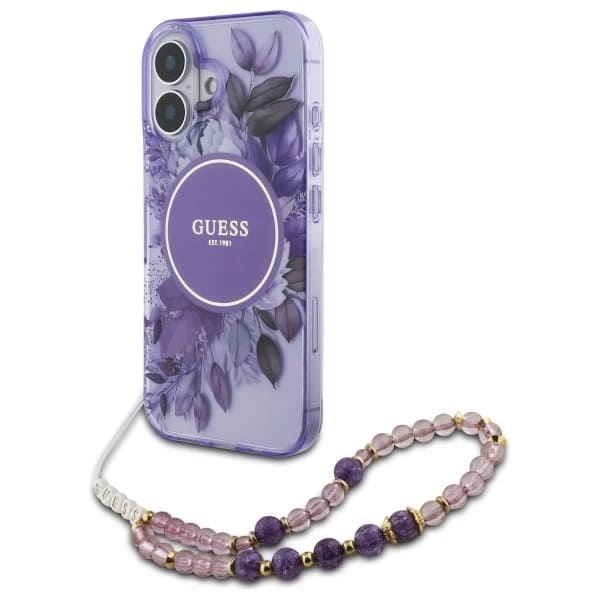 MagSafe hoesje voor Apple iPhone 16 Plus, Guess, IML Flowers with Pearl Strap, Paars