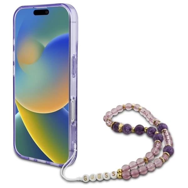 MagSafe hoesje voor Apple iPhone 16 Plus, Guess, IML Flowers with Pearl Strap, Paars