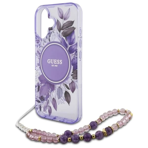 MagSafe hoesje voor Apple iPhone 16 Plus, Guess, IML Flowers with Pearl Strap, Paars